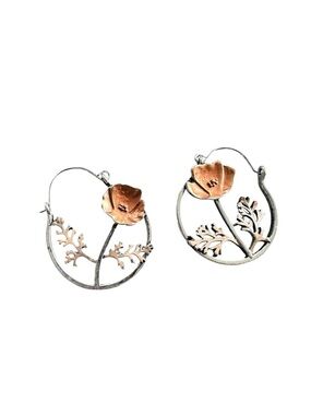 Boho Silver and Rust Flower Hoop Earrings